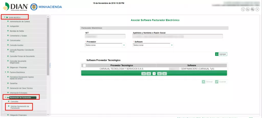 Click en opción numeración de facturación y solicitar numeración