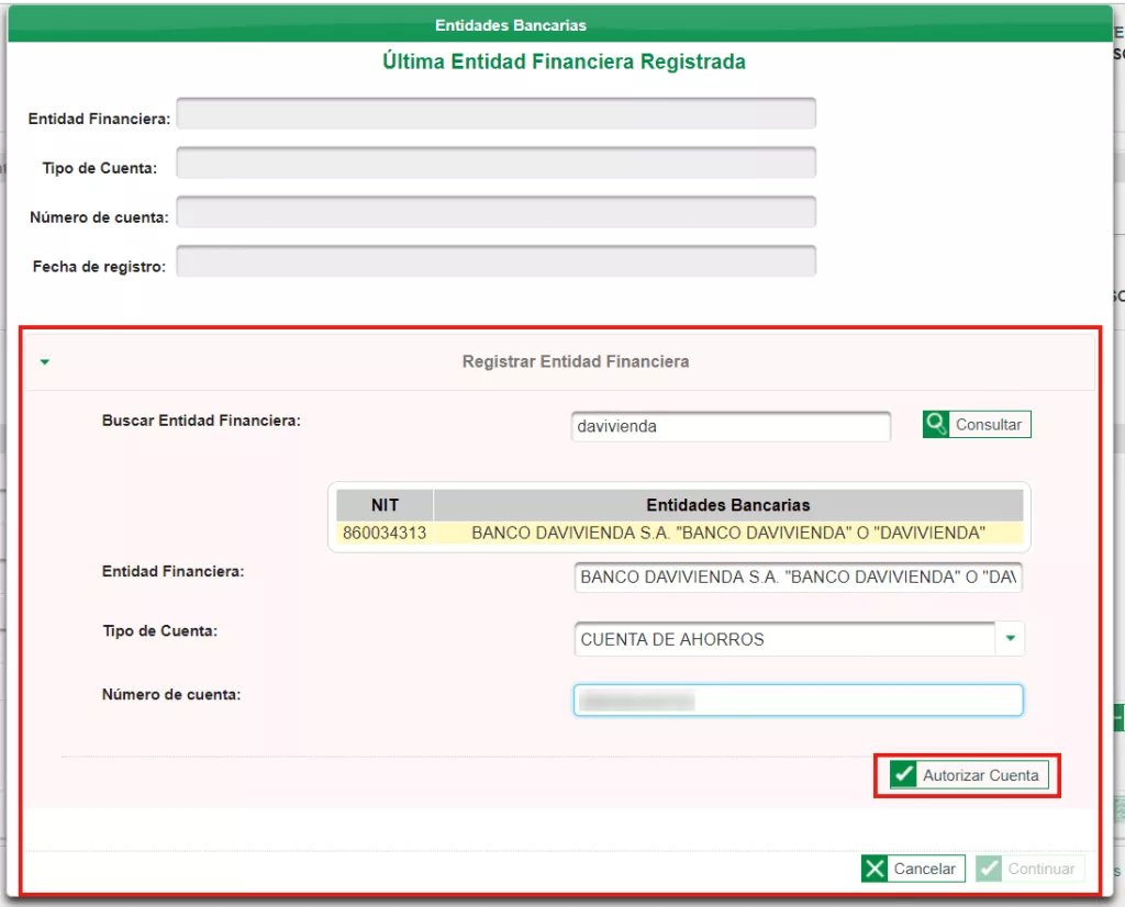 Formulario Registro Entidad Bancaria