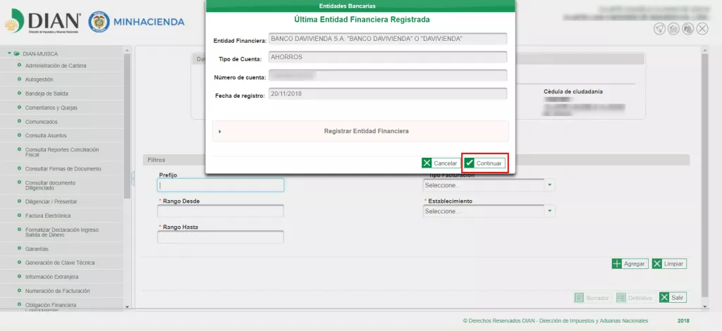Botón Entidad Bancaria Continuar