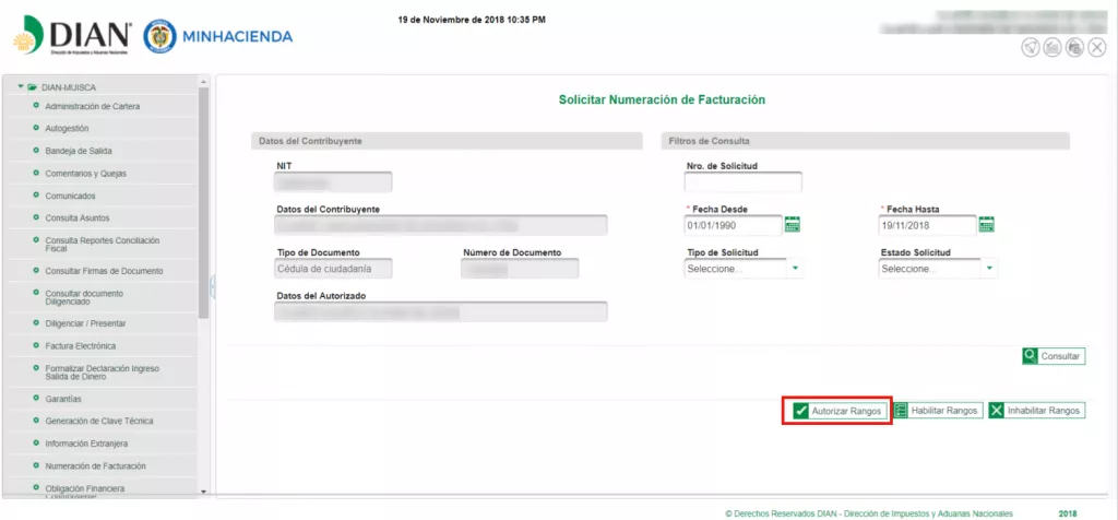 Botón Autorizar Rangos