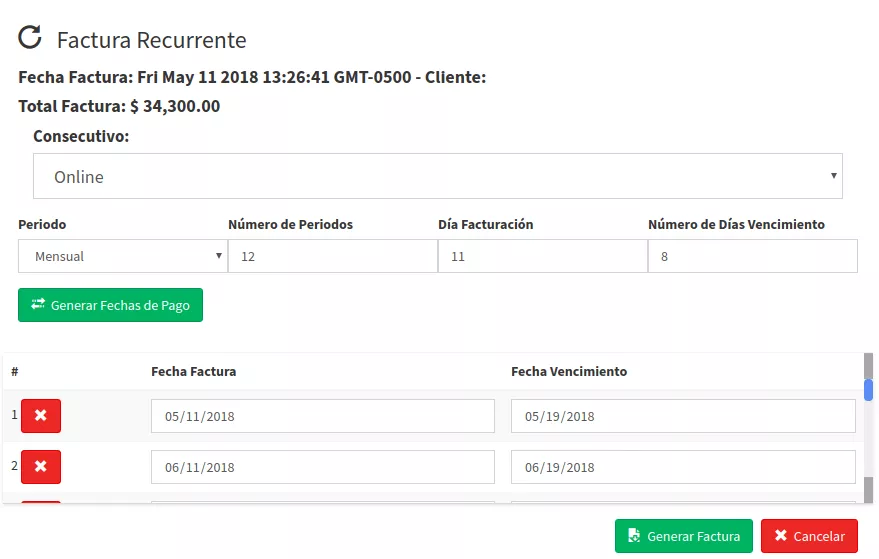 Generar factura recurrente Generar factura recurrente