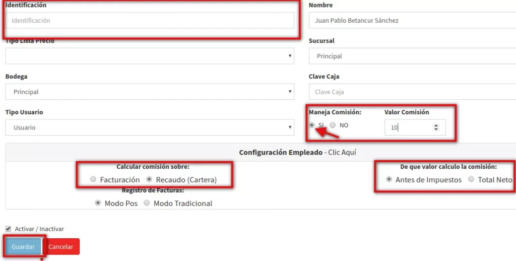Parametrización de las comisiones de los empleados