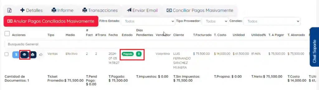 Factura pagada y clic en el ojo