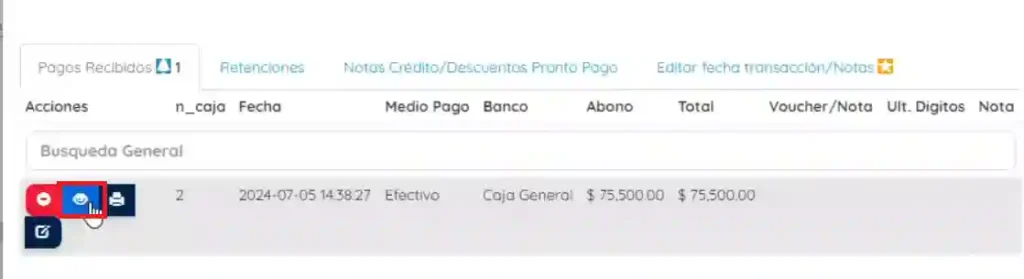 Recibo de caja y dar clic en el ojo 