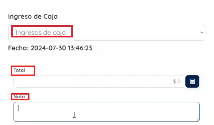 Seleccionar ingresos de caja, agregar total y nota si deseas