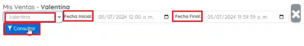 Sleccionar vendedor, rango de fechas y consultar. 