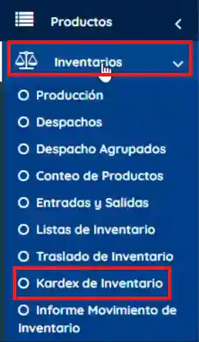 Menú izquierdo inventarios, kardex de inventarios