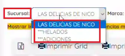 Sucursal y lista de bodegas que hay creadas