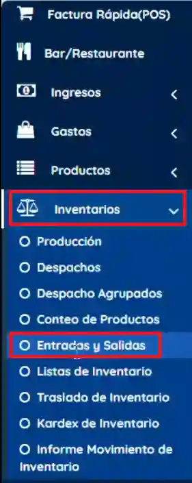 Menú izquierdo inventarios, entradas y salidas