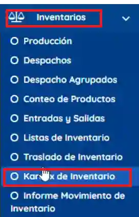 Menú izquierdo inventarios, kardex de inventarios