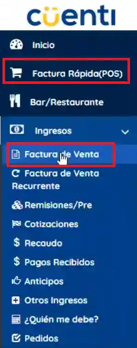 Menú izquierdo factura rápida POS o factura de venta 