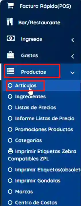 Menú izquierdo productos, artículos