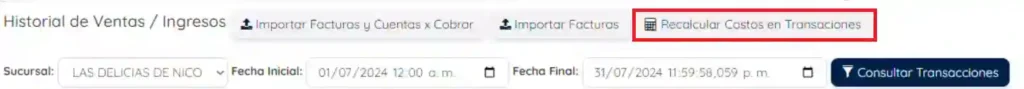 Botón recalcular costos en transacciones
