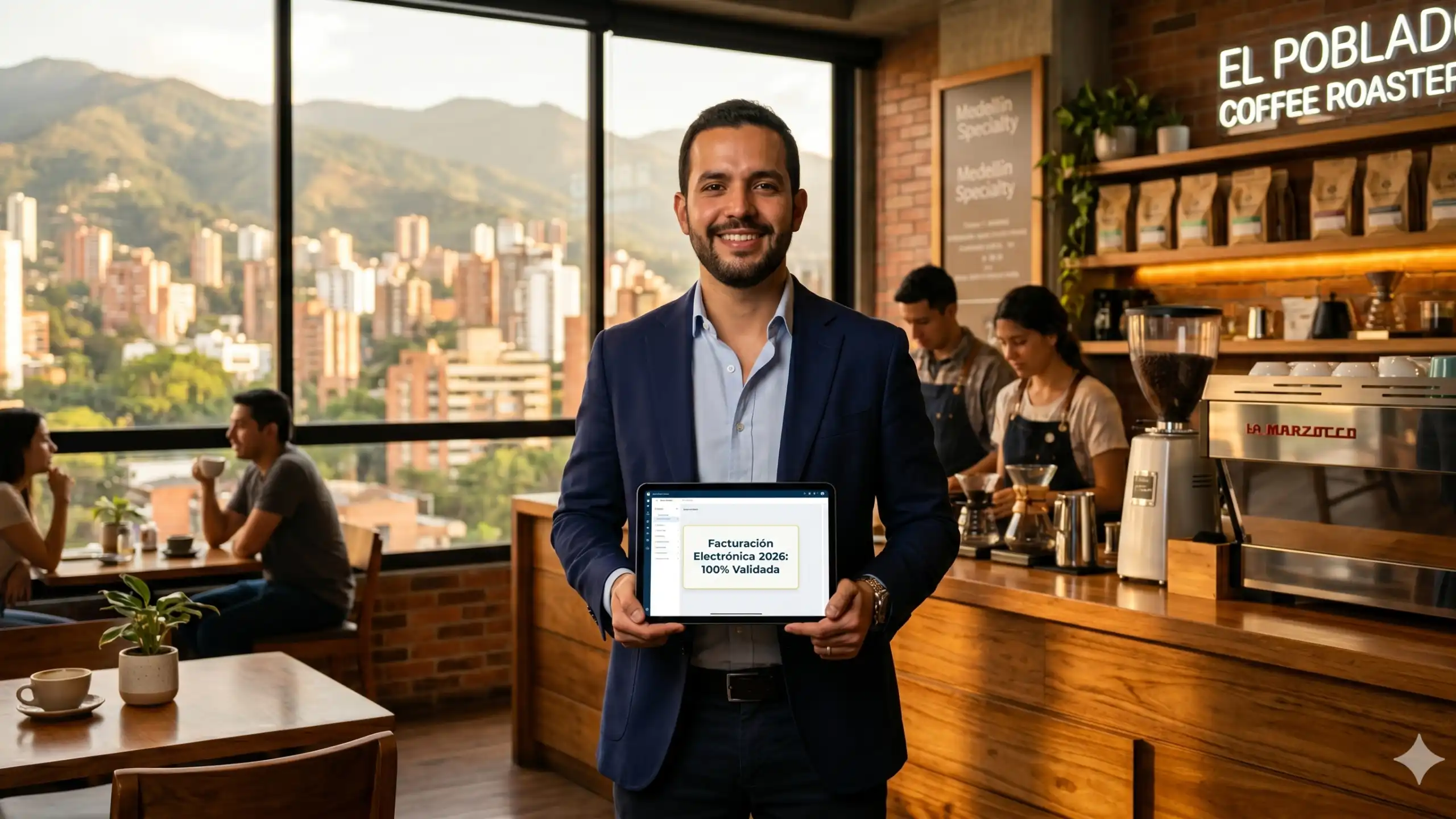 Persona con pantalla en Tablet que dice facturación electrónica 2026:100% validada