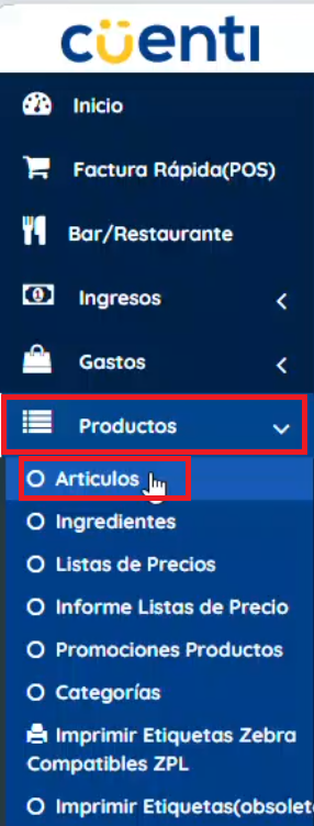 imagen dle menuz izquierdo dando clic en productos, artículos. 