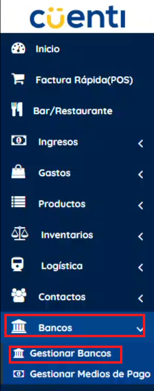 imagen de menu izquierdo, clic en pesyaña de bancos, gestionar bancos