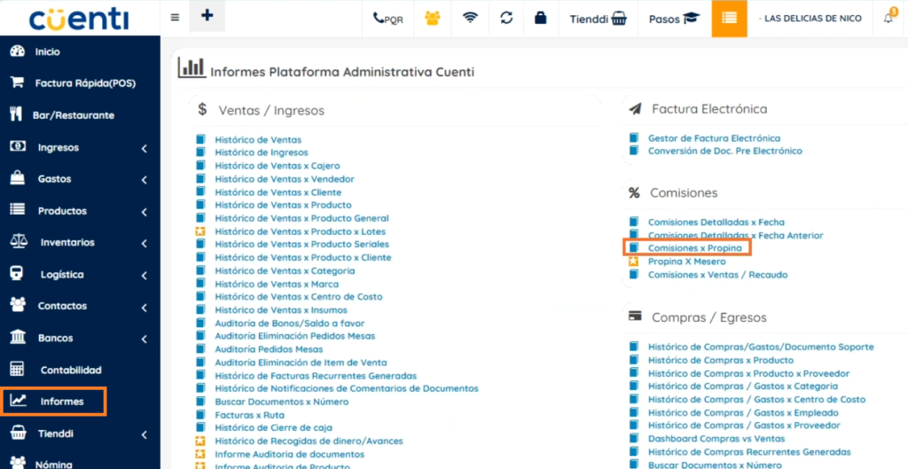 menu izquierdo informes, comisiones por propinas