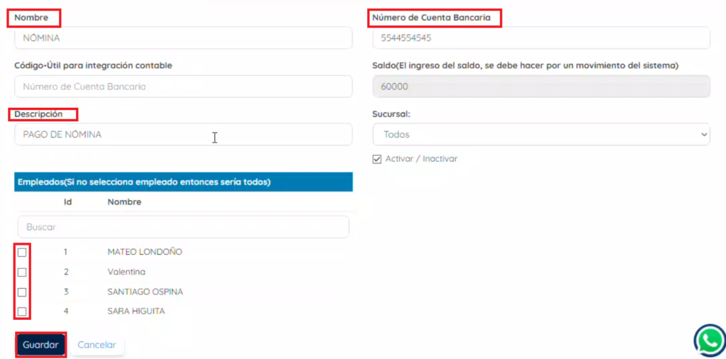 imagen de campos a diligenciar como nombre, número de cuenta bancarai, descripción, seleccionar empleado y botón guardar