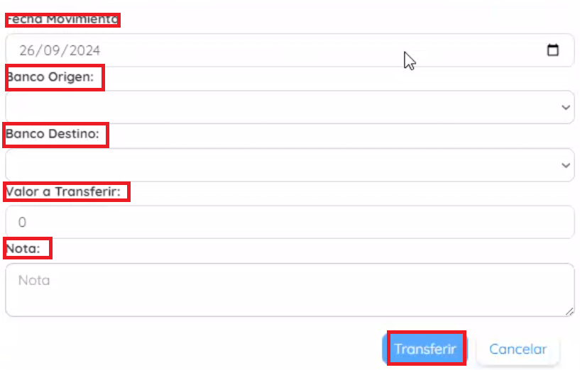 imagen de campos a diligenciar para hacer la tranferencia entre bancos. 