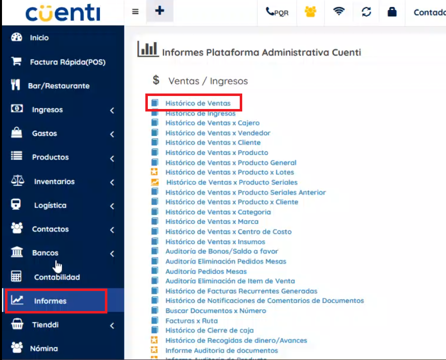 Menú izquierdo donde se ve el módulo informes e histórico de ventas
