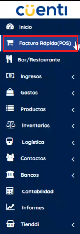 Menú izquierdo donde se ve factura pos 