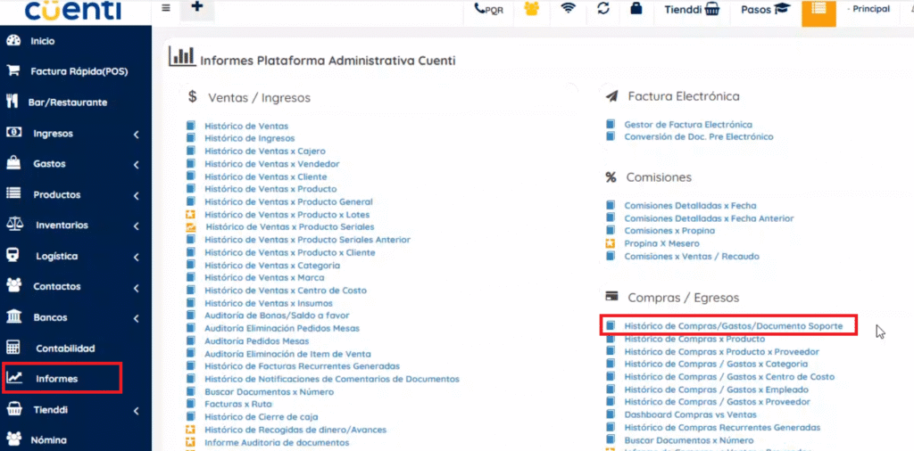 Menu izquierdo de informes y sección de compras/egresos