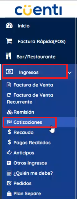 Menu izquierdo ingresos, cotizaciones
