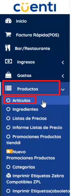 Menú izquierdo con botón productos y artículos