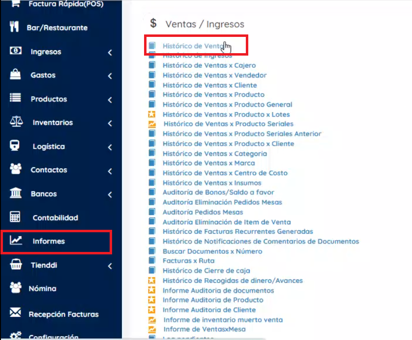 Menu izquierdo de informes e histórico de ventas 