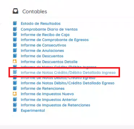 Sección de contables, informes de nota crédito / débito