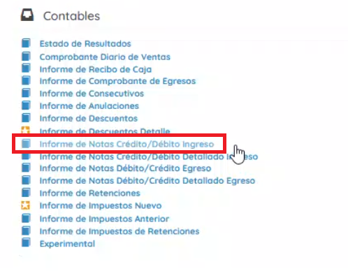 Sección contables e informes de notas crédito / débito