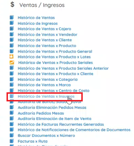 Sección histórico de ventas por insumo 