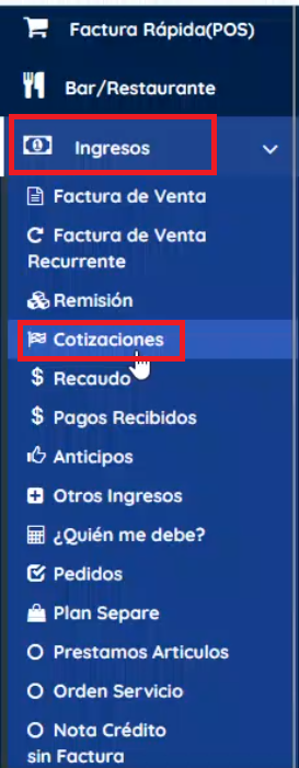 Menú izquierdo ingresos /cotizaciones 