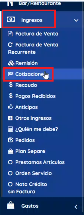 Menú izquierdo, sección ingresos, cotizaciones 