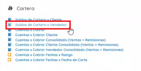 Sección de cartera, carteras por vendedor 