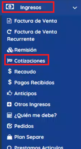 Menú izquierdo de ingresos y cotizaciones 