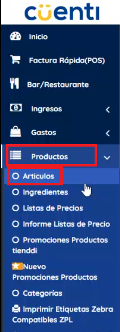 Menú izquierdo productos , artículos 