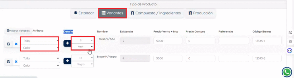 Imagen de como se ve un producto con variantes