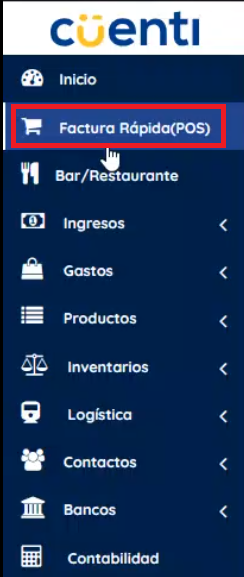 Menú izquierdo factura rápida pos