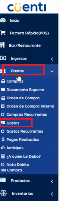 Menú izquierdo para ir al módulo de gastos
