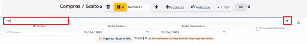 Campo para seleccionar el cliente o crearlos desde el +