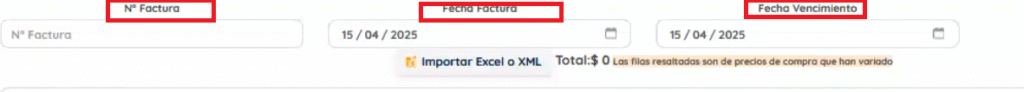 campos donde se indican número de factura y fechas