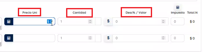 Campos para indicar el precio, cantidad y descuentos.
