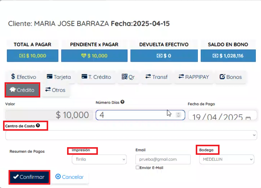 Pasarela de pagos donde se selecciona el medio de pago, el centro de costos, impresión, bodega y botón de confirmar