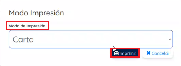 Campo para seleccionar el módo de impresión e imprimir 