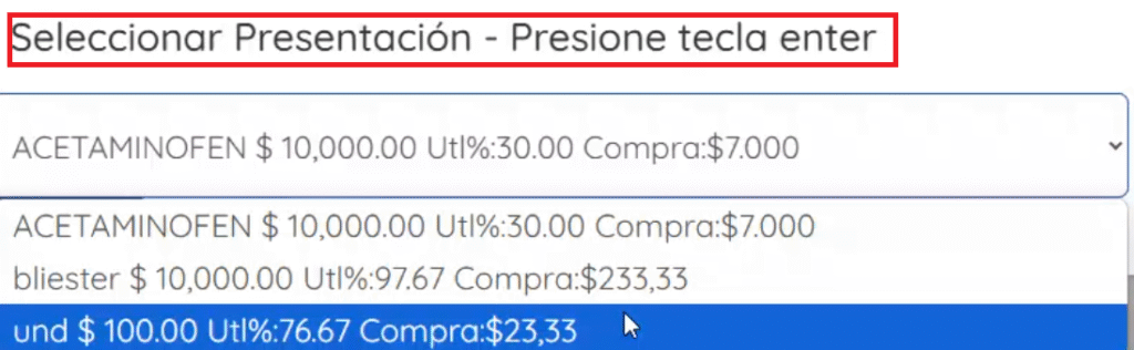 Campo para seleccionar presentaciones