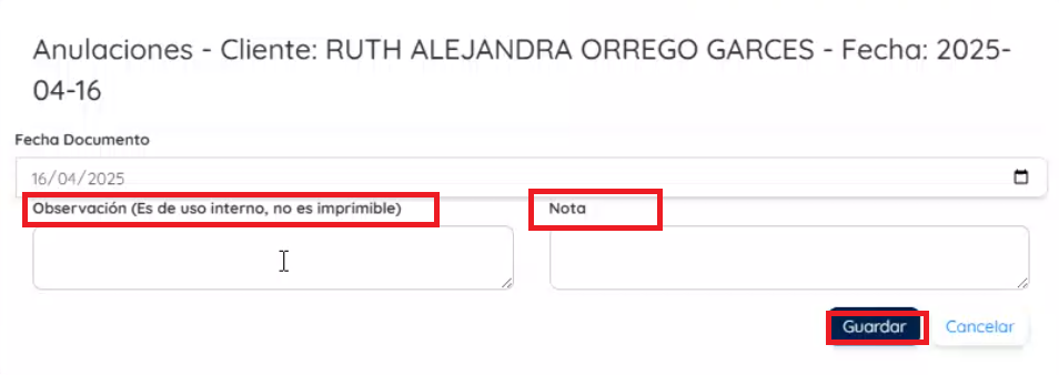 Campos para poner observaciones