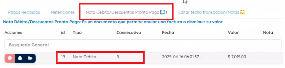 Botón donde se ve la nota débito.