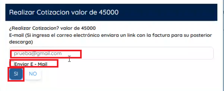 Ventana emergente donde se debe enviar por correo electrónico.