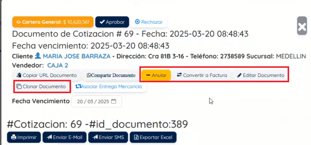 Botones de anular, convertir a factura, editar documento y clonar documento 